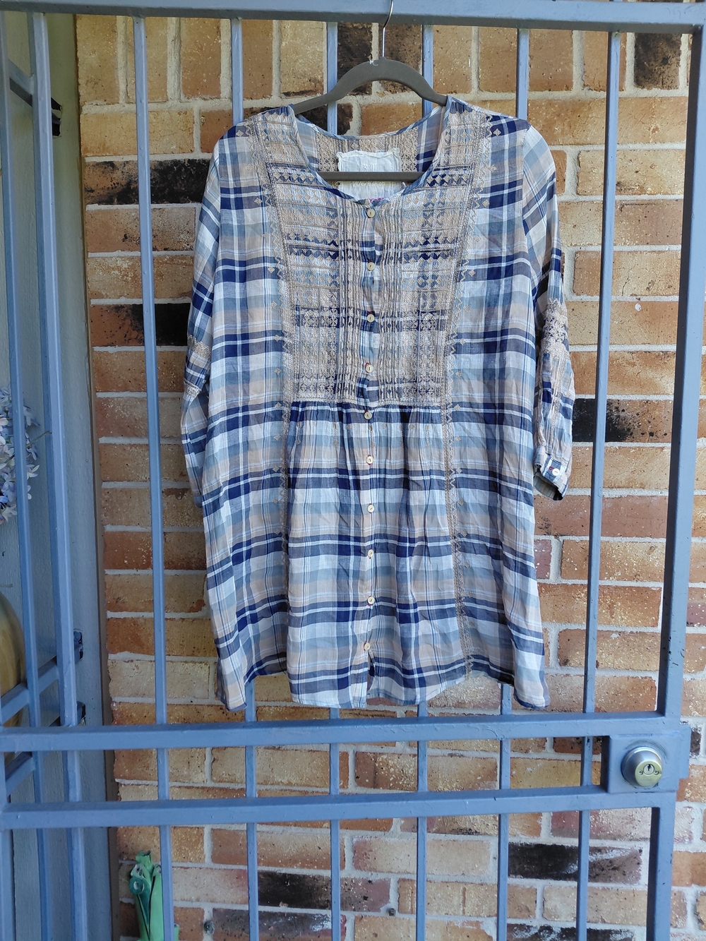 Johnny Was Blue & Cream Plaid Button-Front Tunic